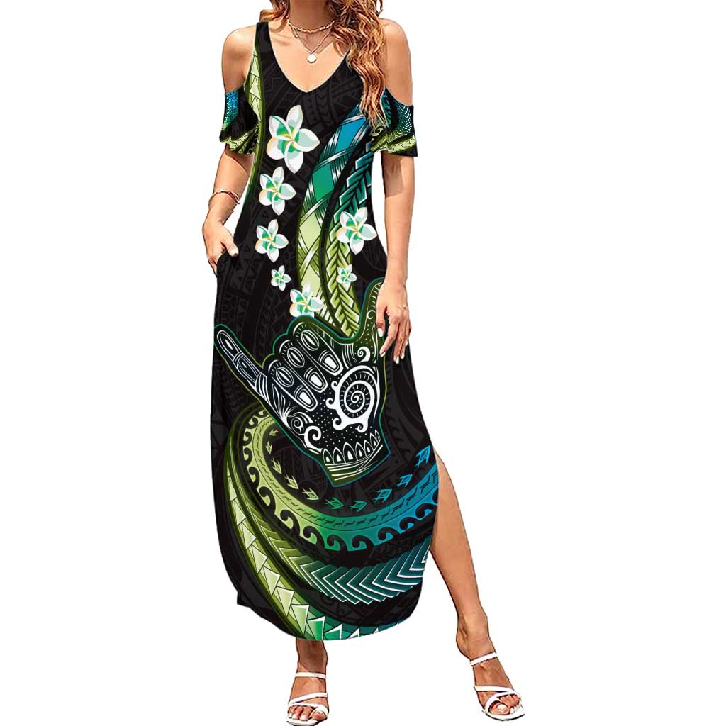 Hawaii Shaka Sign Summer Maxi Dress Fantastic Frangipani Chartreuse Cyan