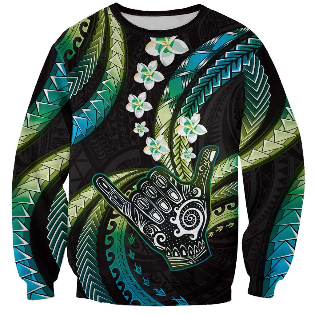 Hawaii Shaka Sign Sweatshirt Fantastic Frangipani Chartreuse Cyan