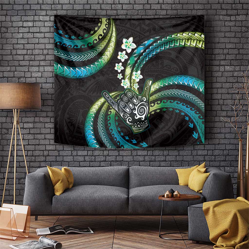 Hawaii Shaka Sign Tapestry Fantastic Frangipani Chartreuse Cyan