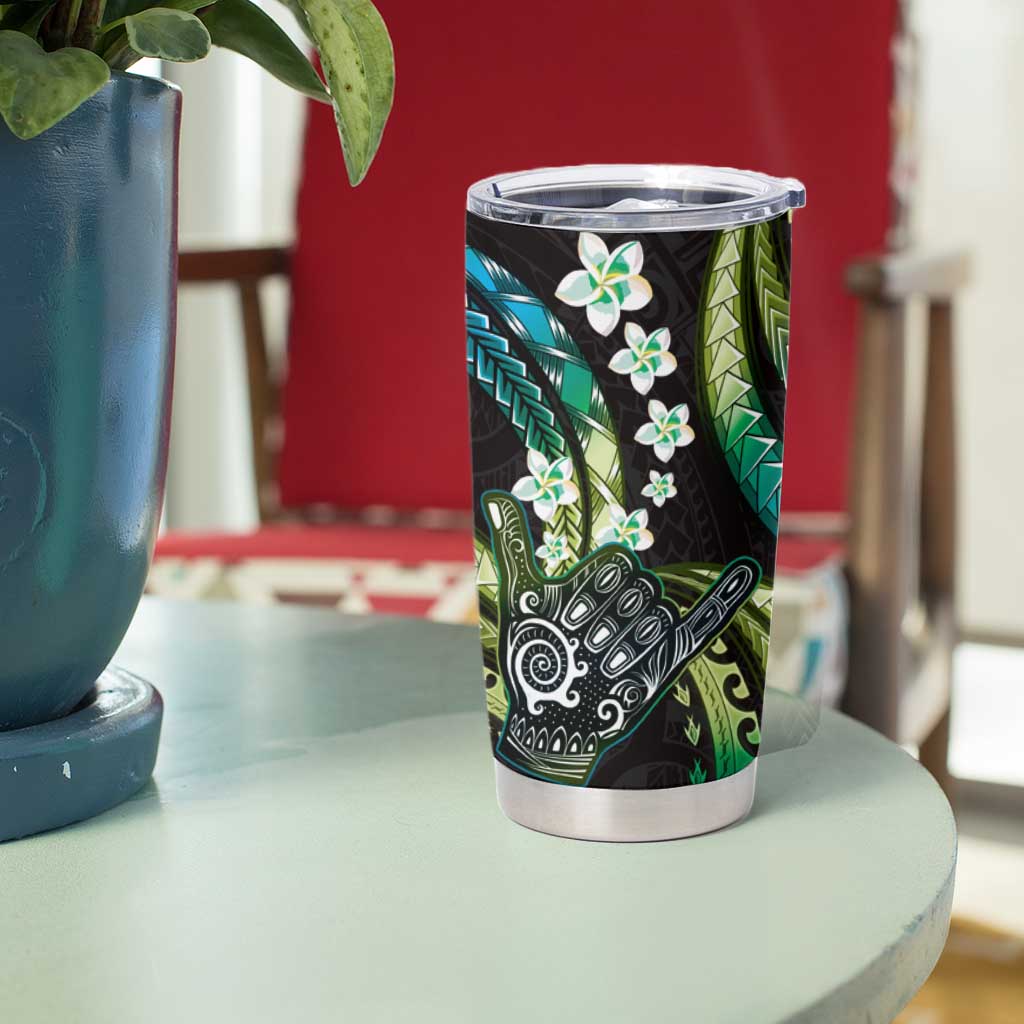 Hawaii Shaka Sign Tumbler Cup Fantastic Frangipani Chartreuse Cyan