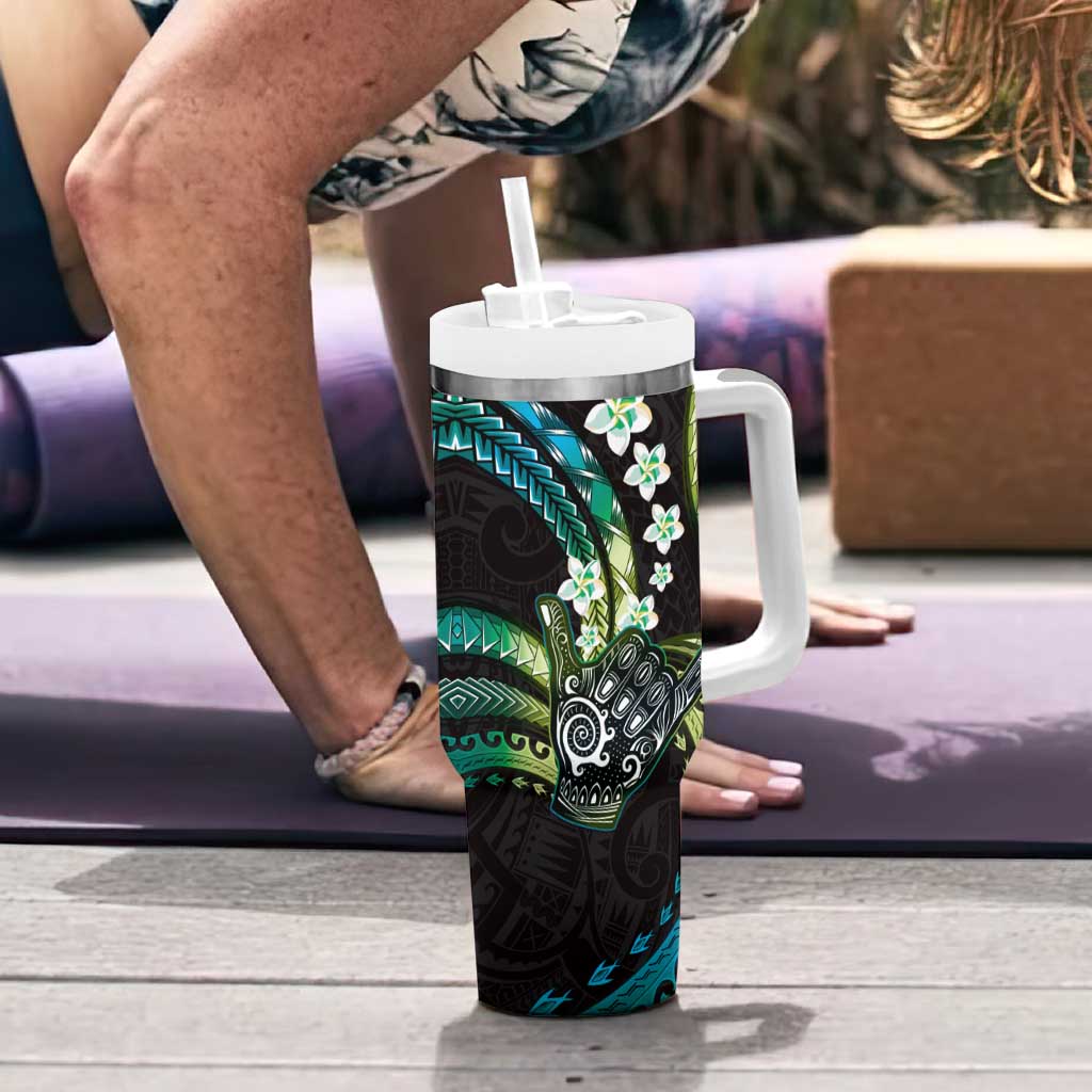 Hawaii Shaka Sign Tumbler With Handle Fantastic Frangipani Chartreuse Cyan