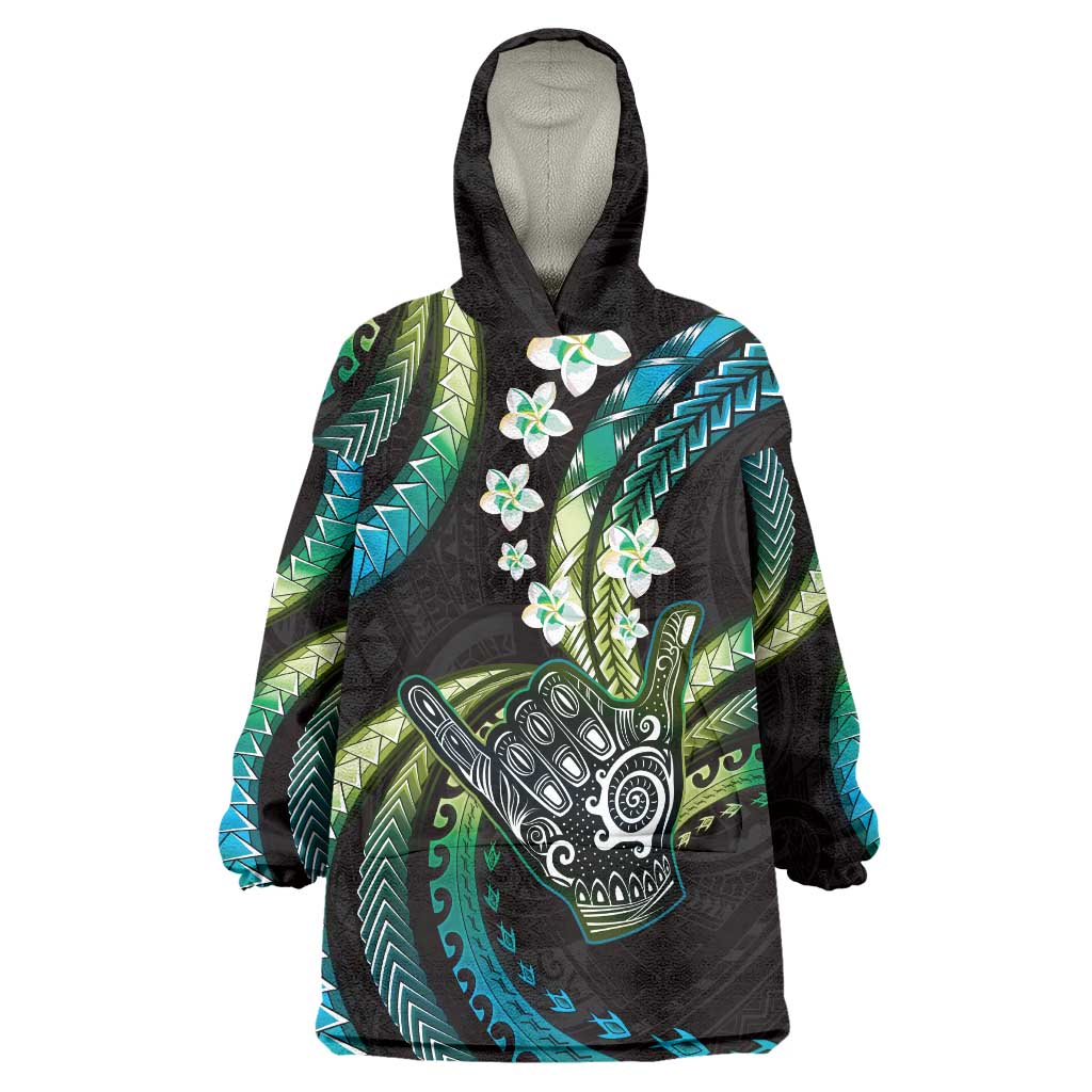 Hawaii Shaka Sign Wearable Blanket Hoodie Fantastic Frangipani Chartreuse Cyan