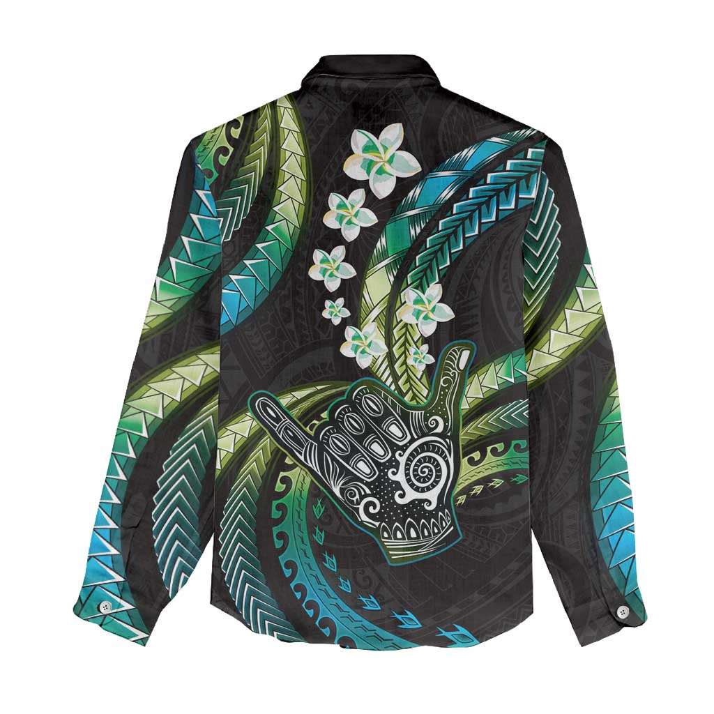 Hawaii Shaka Sign Women Casual Shirt Fantastic Frangipani Chartreuse Cyan