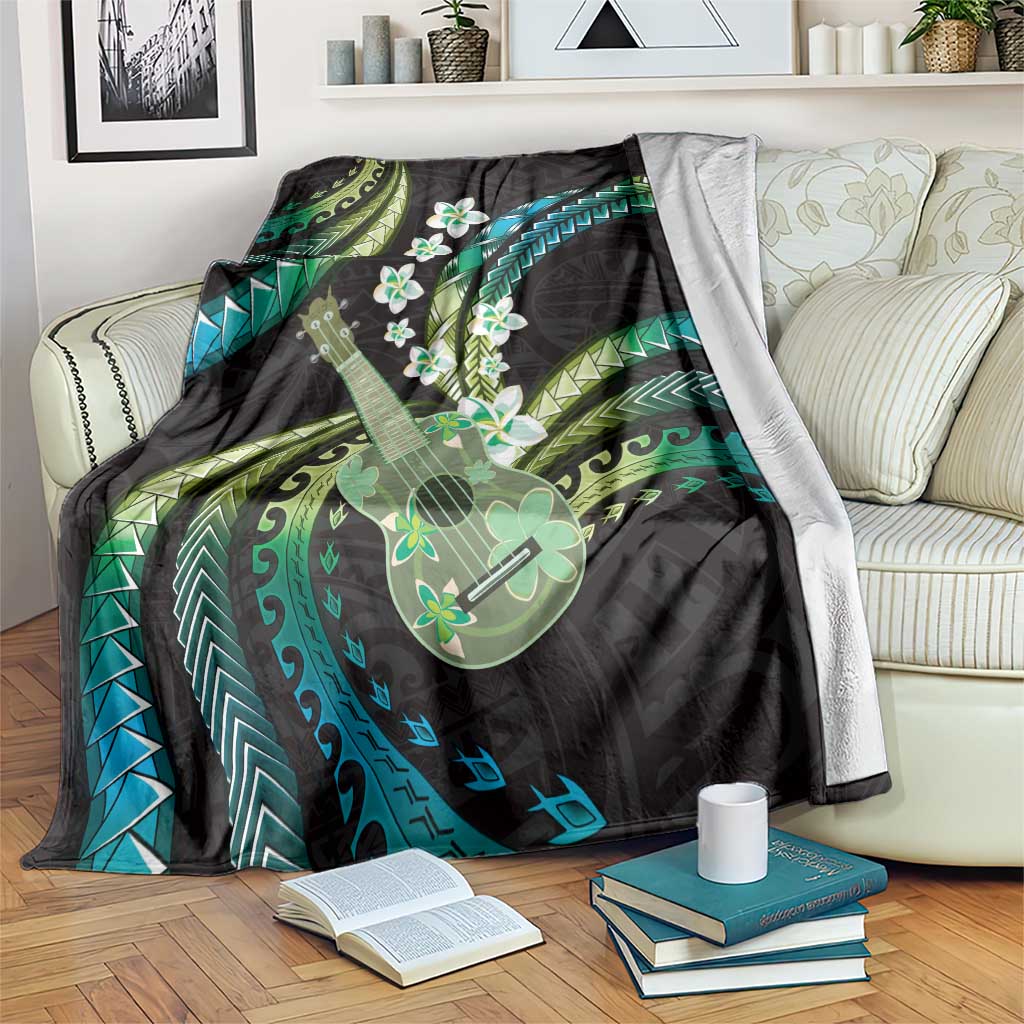 Hawaiian Ukulele Blanket Chartreuse Cyan Fantastic Plumeria