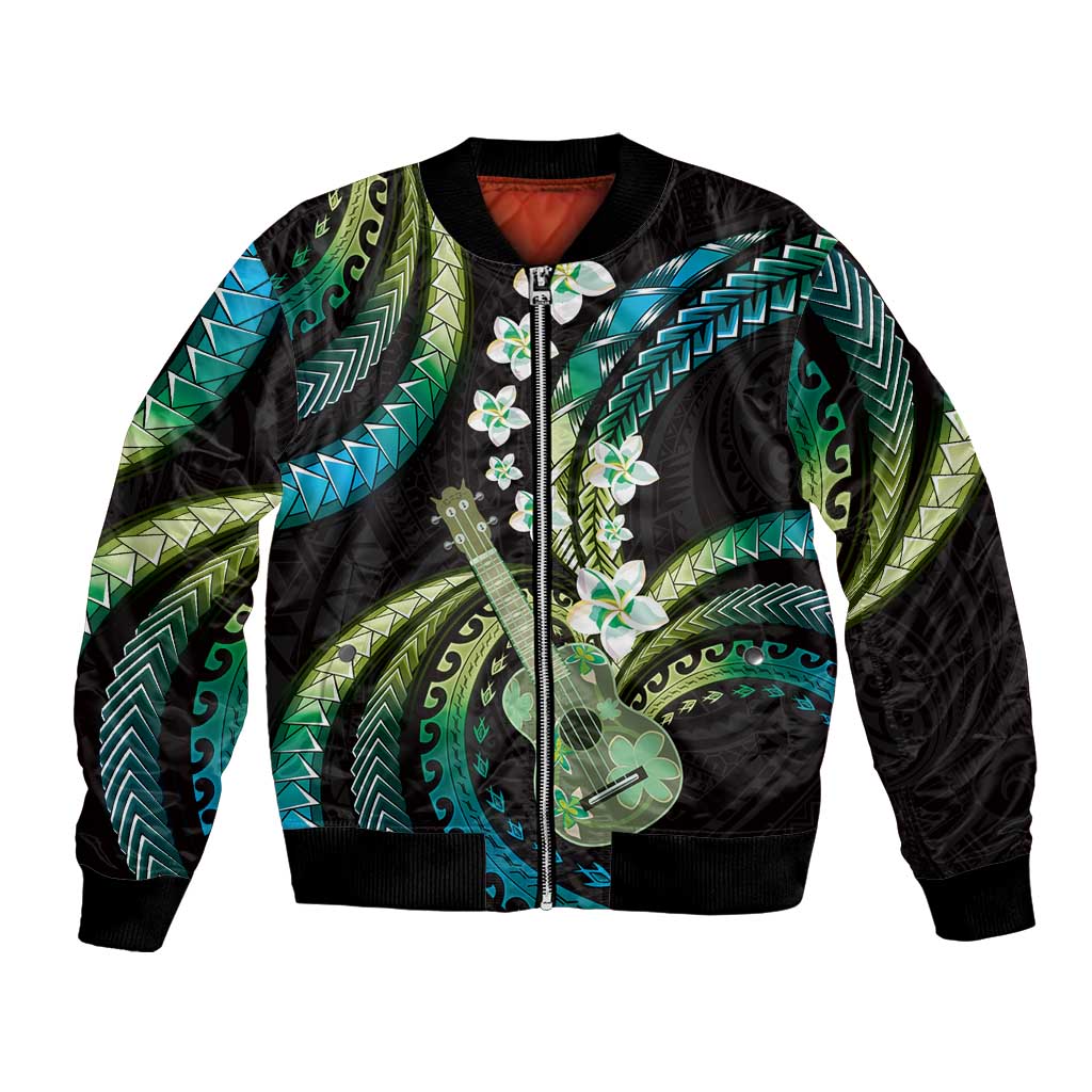 Hawaiian Ukulele Bomber Jacket Chartreuse Cyan Fantastic Plumeria
