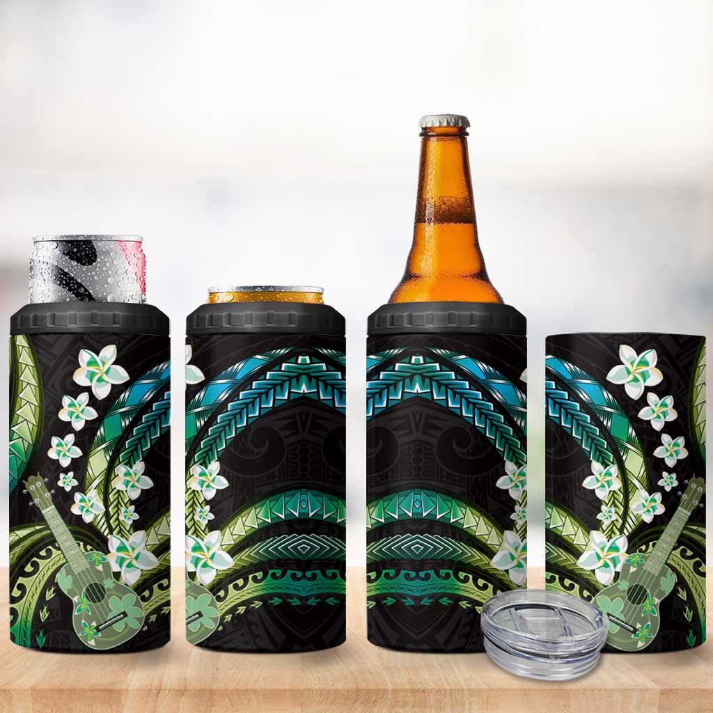 Hawaiian Ukulele 4 in 1 Can Cooler Tumbler Chartreuse Cyan Fantastic Plumeria