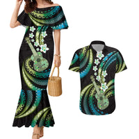 Hawaiian Ukulele Couples Matching Mermaid Dress and Hawaiian Shirt Chartreuse Cyan Fantastic Plumeria