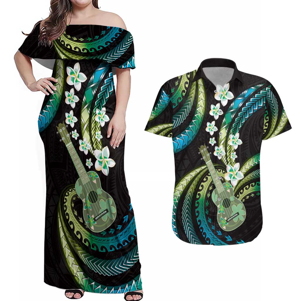 Hawaiian Ukulele Couples Matching Off Shoulder Maxi Dress and Hawaiian Shirt Chartreuse Cyan Fantastic Plumeria
