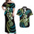 Hawaiian Ukulele Couples Matching Off Shoulder Maxi Dress and Hawaiian Shirt Chartreuse Cyan Fantastic Plumeria