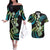 Hawaiian Ukulele Couples Matching Off The Shoulder Long Sleeve Dress and Hawaiian Shirt Chartreuse Cyan Fantastic Plumeria
