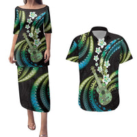 Hawaiian Ukulele Couples Matching Puletasi and Hawaiian Shirt Chartreuse Cyan Fantastic Plumeria LT01 Cyan - Polynesian Pride
