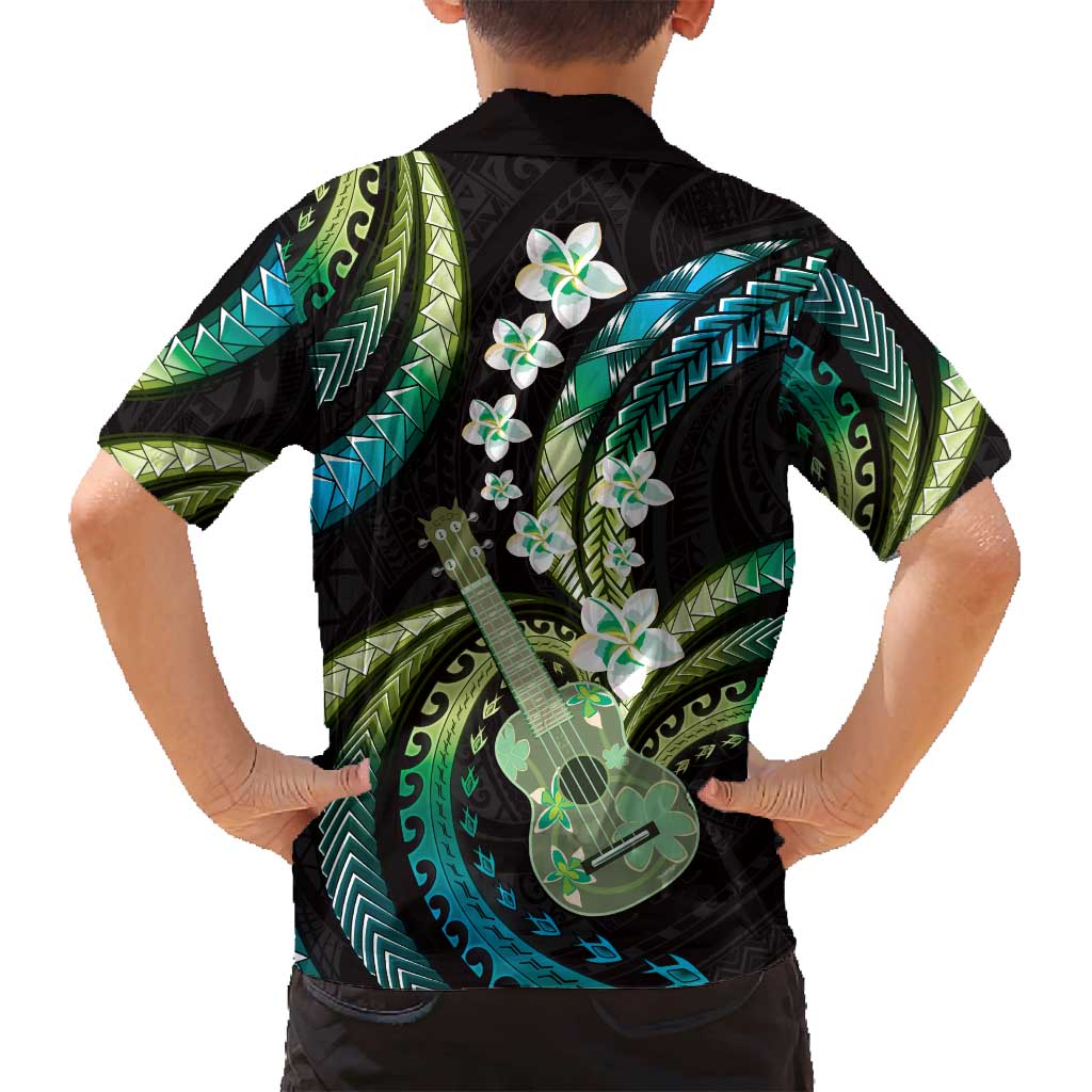Hawaiian Ukulele Family Matching Long Sleeve Bodycon Dress and Hawaiian Shirt Chartreuse Cyan Fantastic Plumeria