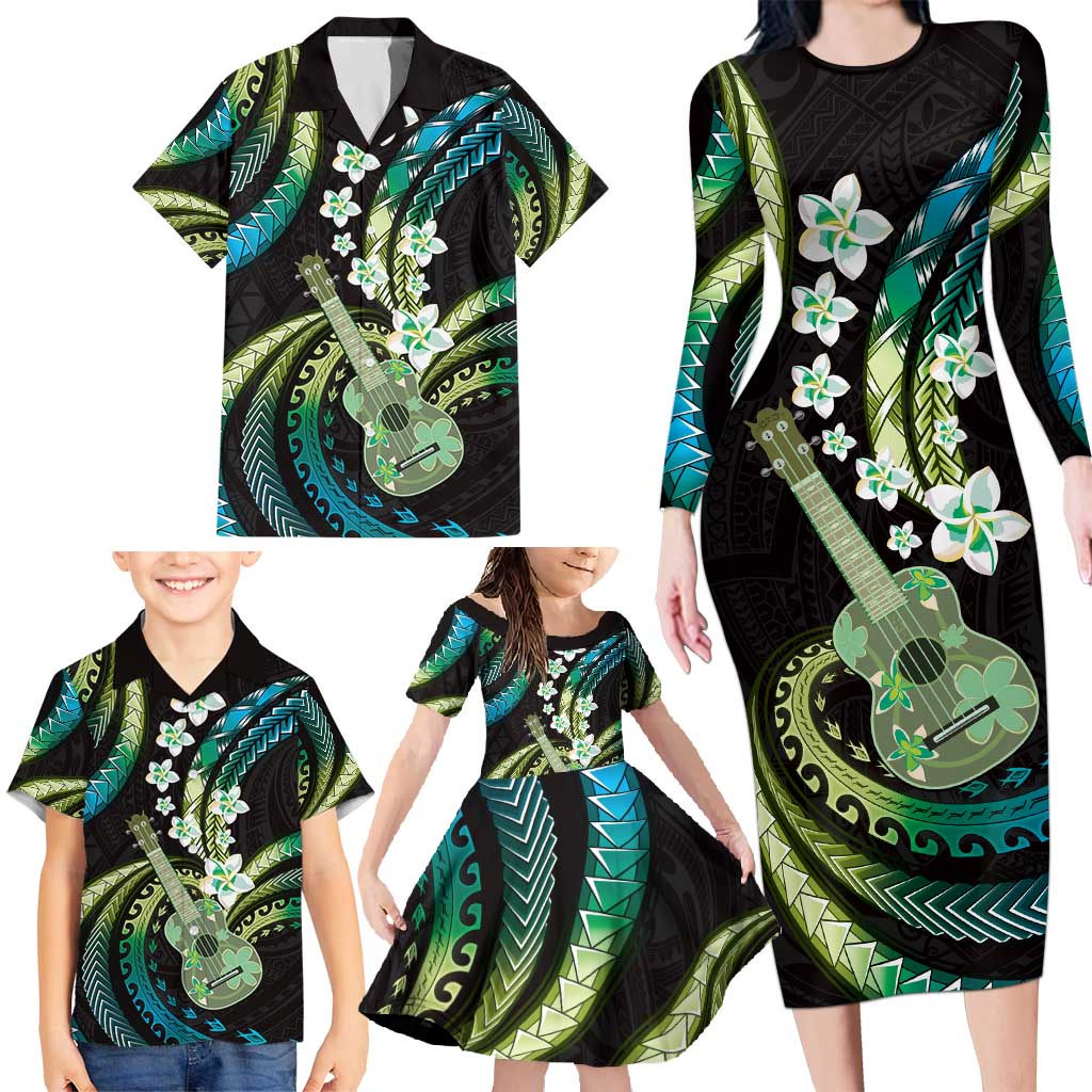 Hawaiian Ukulele Family Matching Long Sleeve Bodycon Dress and Hawaiian Shirt Chartreuse Cyan Fantastic Plumeria