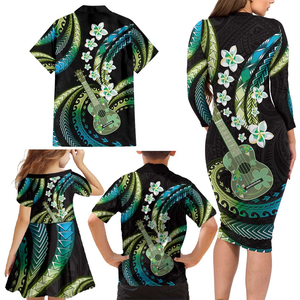 Hawaiian Ukulele Family Matching Long Sleeve Bodycon Dress and Hawaiian Shirt Chartreuse Cyan Fantastic Plumeria