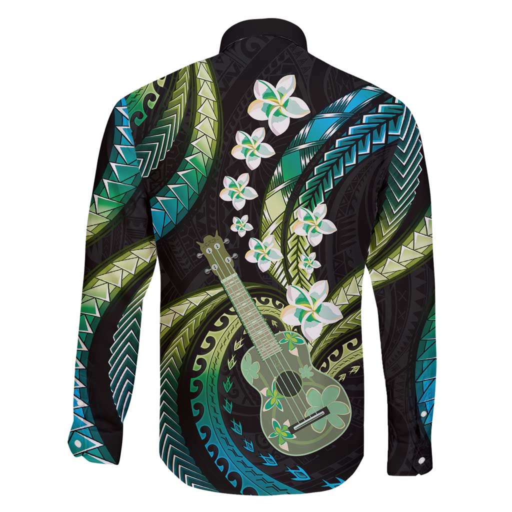 Hawaiian Ukulele Family Matching Long Sleeve Bodycon Dress and Hawaiian Shirt Chartreuse Cyan Fantastic Plumeria