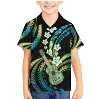 Hawaiian Ukulele Family Matching Mermaid Dress and Hawaiian Shirt Chartreuse Cyan Fantastic Plumeria