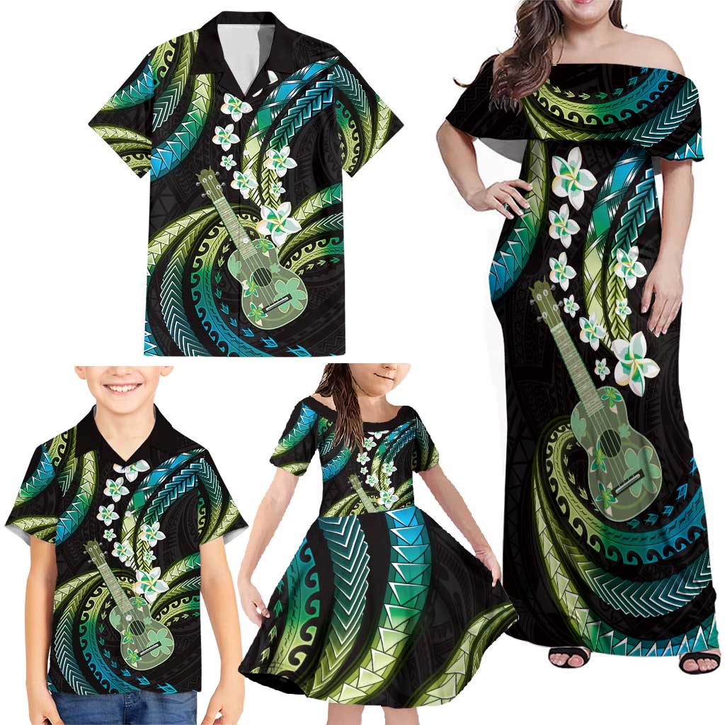 Hawaiian Ukulele Family Matching Off Shoulder Maxi Dress and Hawaiian Shirt Chartreuse Cyan Fantastic Plumeria