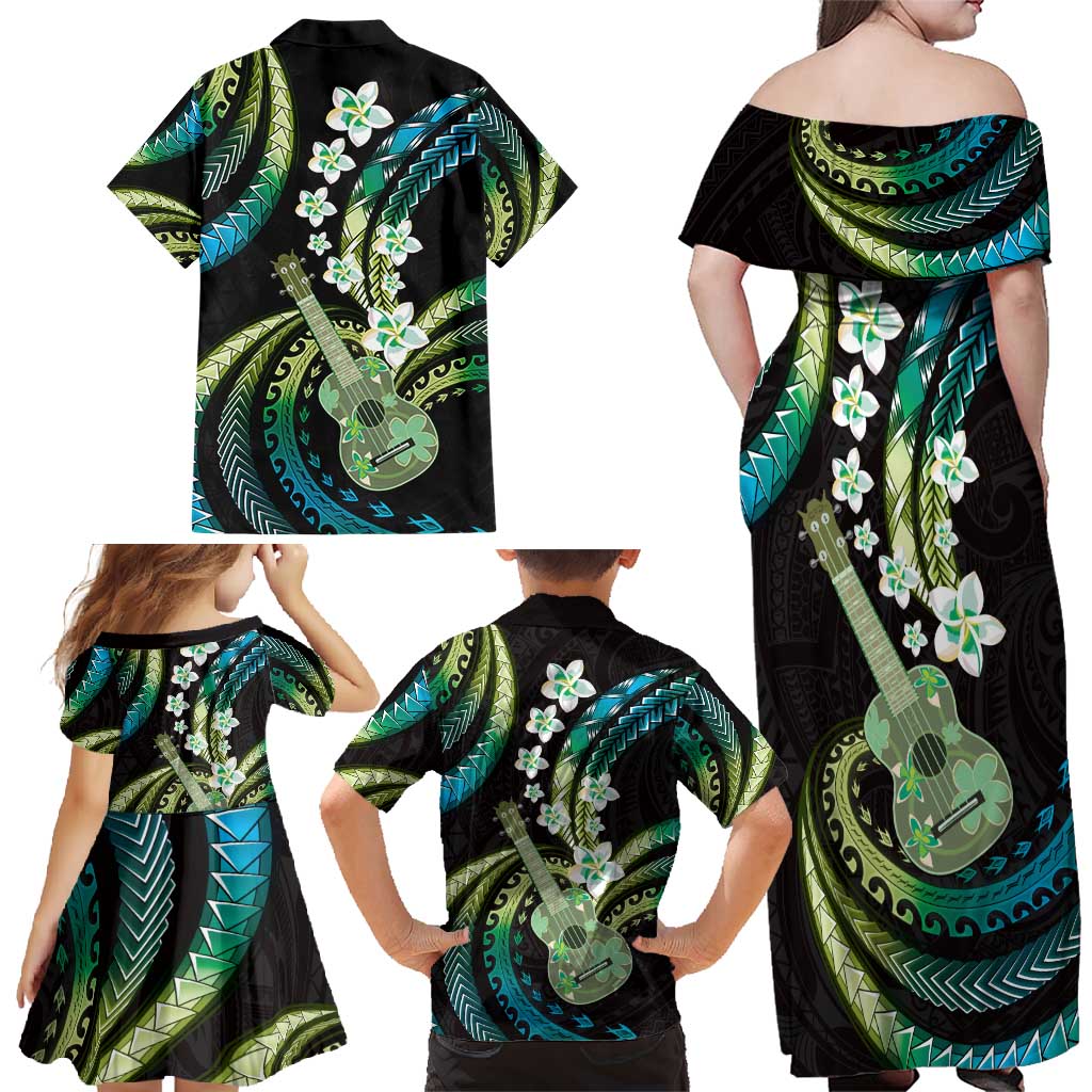 Hawaiian Ukulele Family Matching Off Shoulder Maxi Dress and Hawaiian Shirt Chartreuse Cyan Fantastic Plumeria