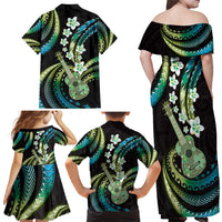 Hawaiian Ukulele Family Matching Off Shoulder Maxi Dress and Hawaiian Shirt Chartreuse Cyan Fantastic Plumeria