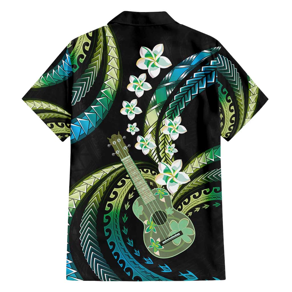 Hawaiian Ukulele Family Matching Off Shoulder Maxi Dress and Hawaiian Shirt Chartreuse Cyan Fantastic Plumeria