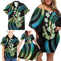 Hawaiian Ukulele Family Matching Off Shoulder Short Dress and Hawaiian Shirt Chartreuse Cyan Fantastic Plumeria