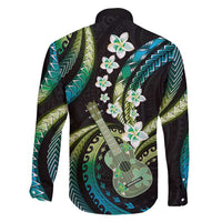 Hawaiian Ukulele Family Matching Off Shoulder Short Dress and Hawaiian Shirt Chartreuse Cyan Fantastic Plumeria