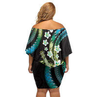 Hawaiian Ukulele Family Matching Off Shoulder Short Dress and Hawaiian Shirt Chartreuse Cyan Fantastic Plumeria