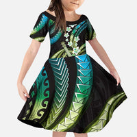 Hawaiian Ukulele Family Matching Puletasi and Hawaiian Shirt Chartreuse Cyan Fantastic Plumeria