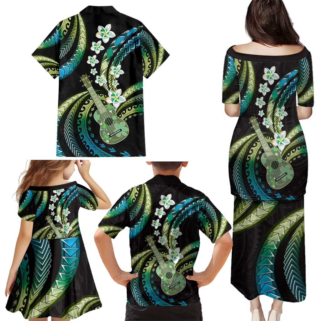 Hawaiian Ukulele Family Matching Puletasi and Hawaiian Shirt Chartreuse Cyan Fantastic Plumeria
