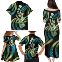 Hawaiian Ukulele Family Matching Puletasi and Hawaiian Shirt Chartreuse Cyan Fantastic Plumeria