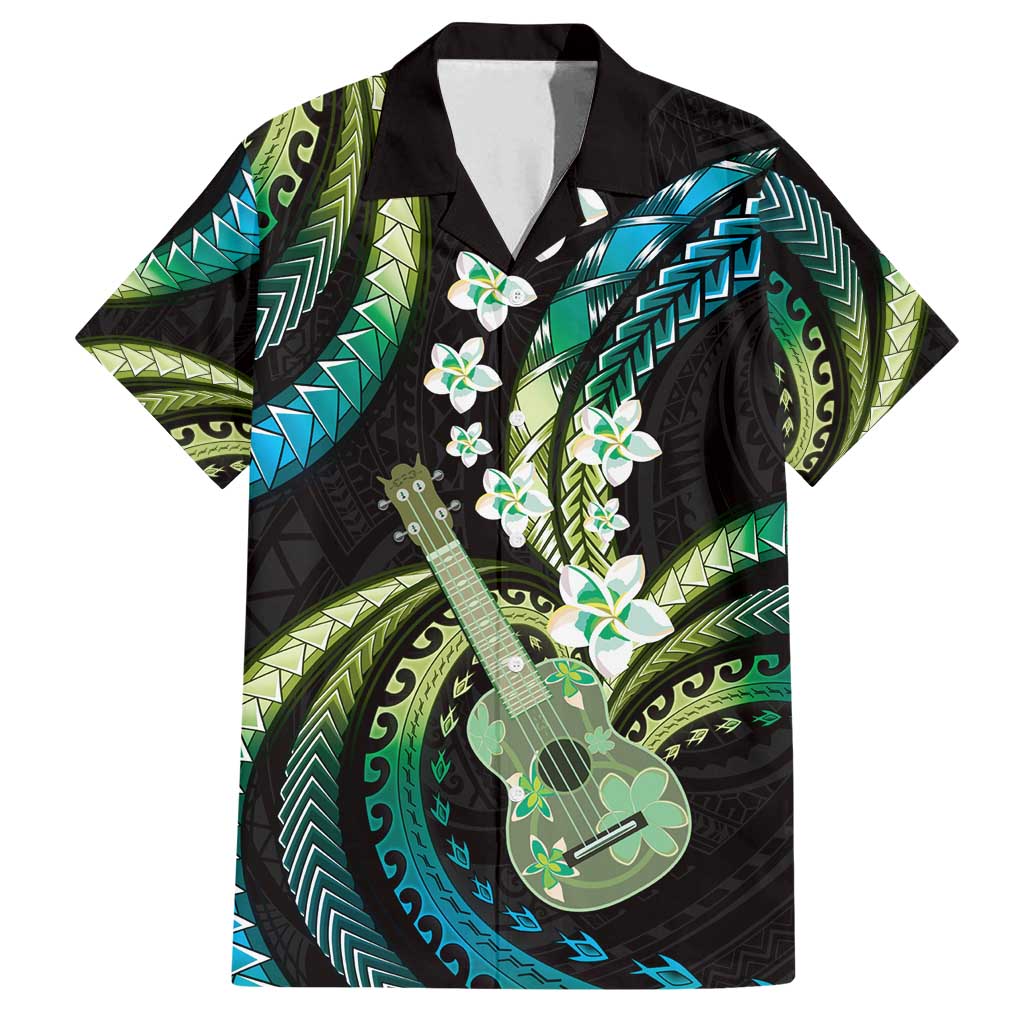 Hawaiian Ukulele Family Matching Puletasi and Hawaiian Shirt Chartreuse Cyan Fantastic Plumeria