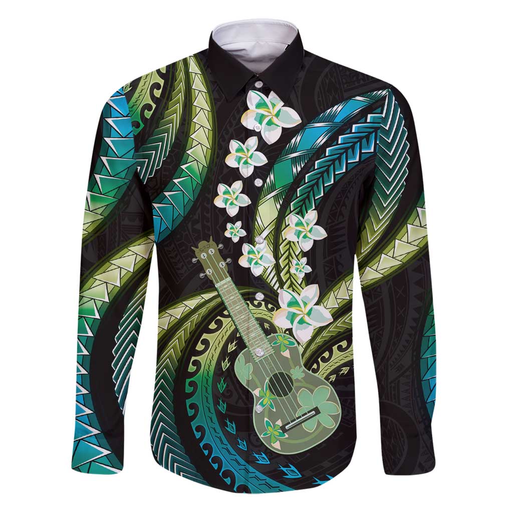 Hawaiian Ukulele Family Matching Puletasi and Hawaiian Shirt Chartreuse Cyan Fantastic Plumeria