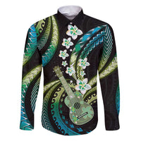 Hawaiian Ukulele Family Matching Puletasi and Hawaiian Shirt Chartreuse Cyan Fantastic Plumeria
