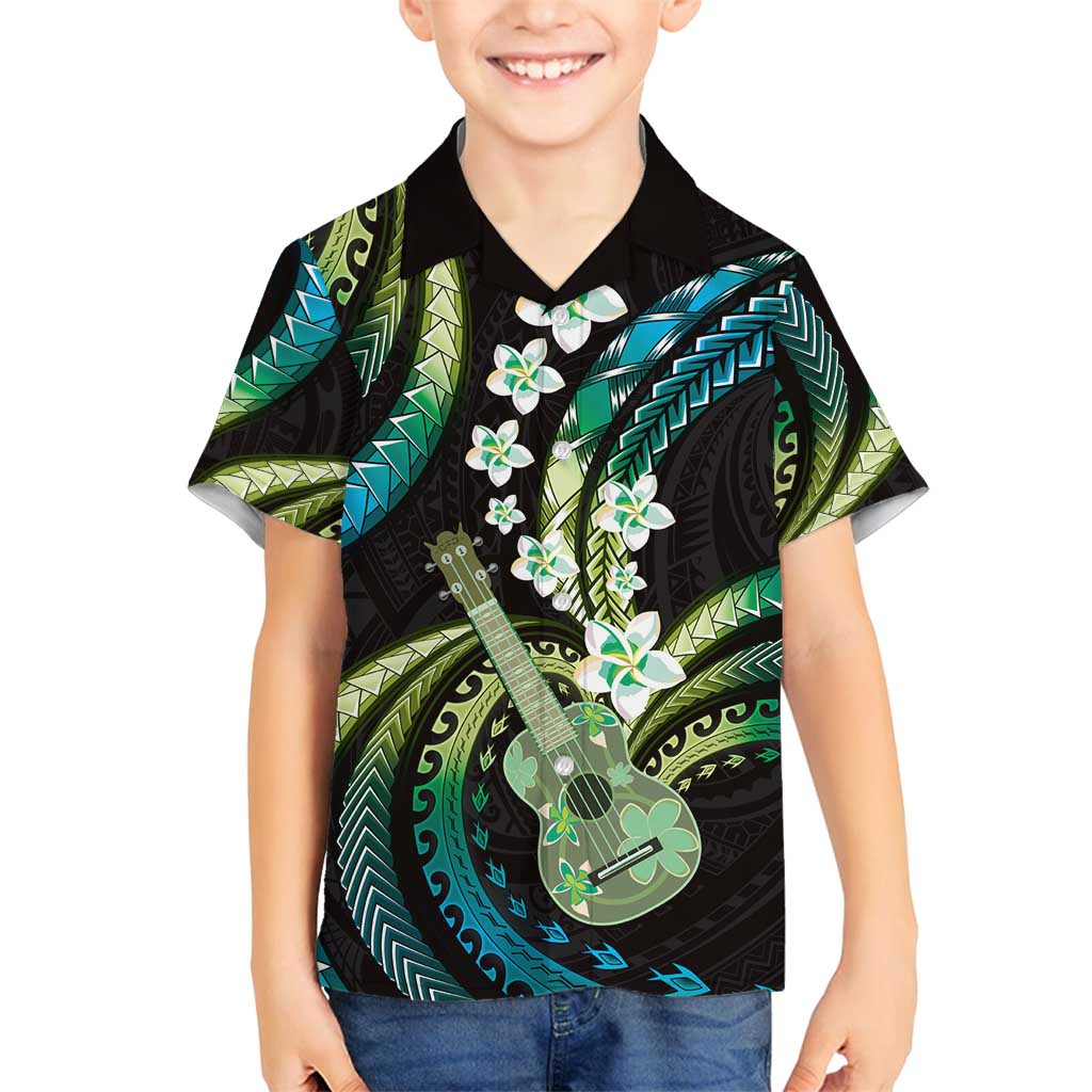 Hawaiian Ukulele Family Matching Puletasi and Hawaiian Shirt Chartreuse Cyan Fantastic Plumeria
