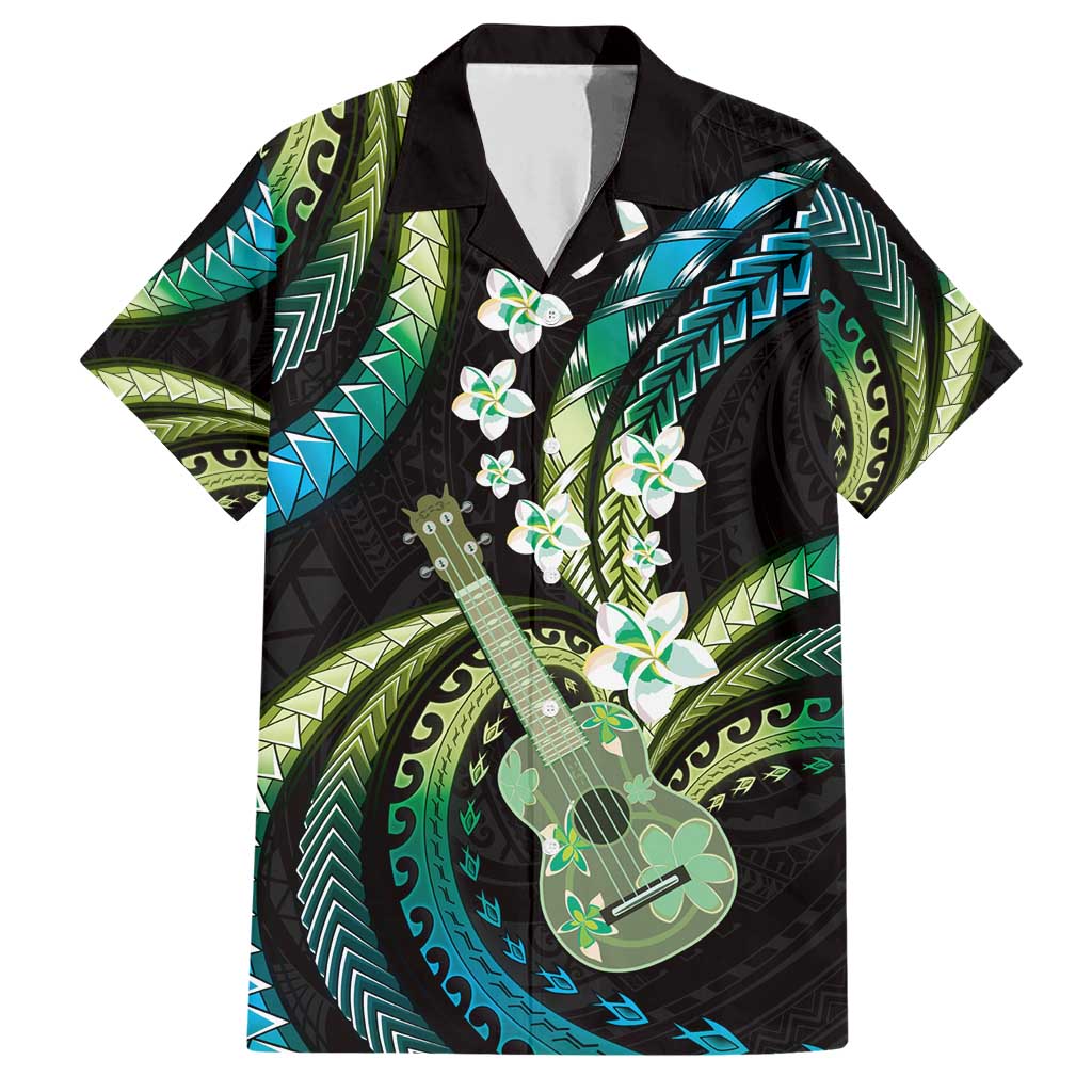 Hawaiian Ukulele Family Matching Short Sleeve Bodycon Dress and Hawaiian Shirt Chartreuse Cyan Fantastic Plumeria