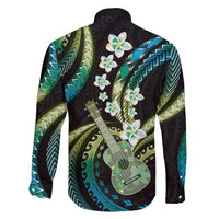 Hawaiian Ukulele Family Matching Short Sleeve Bodycon Dress and Hawaiian Shirt Chartreuse Cyan Fantastic Plumeria