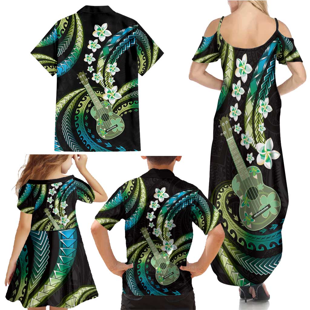 Hawaiian Ukulele Family Matching Summer Maxi Dress and Hawaiian Shirt Chartreuse Cyan Fantastic Plumeria