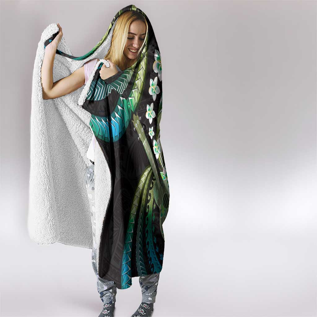 Hawaiian Ukulele Hooded Blanket Chartreuse Cyan Fantastic Plumeria