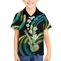 Hawaiian Ukulele Kid Hawaiian Shirt Chartreuse Cyan Fantastic Plumeria LT01 Kid Cyan - Polynesian Pride