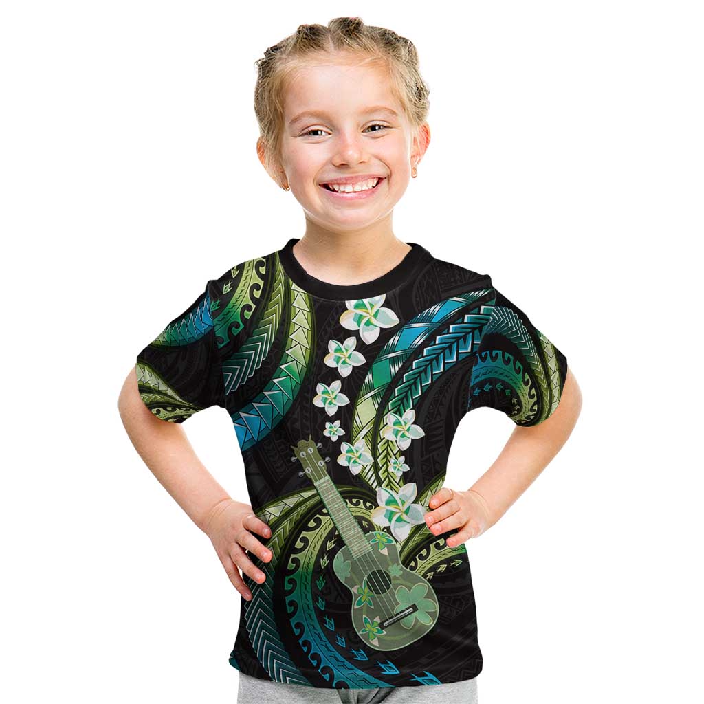 Hawaiian Ukulele Kid T Shirt Chartreuse Cyan Fantastic Plumeria