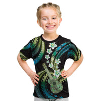 Hawaiian Ukulele Kid T Shirt Chartreuse Cyan Fantastic Plumeria LT01 Cyan - Polynesian Pride