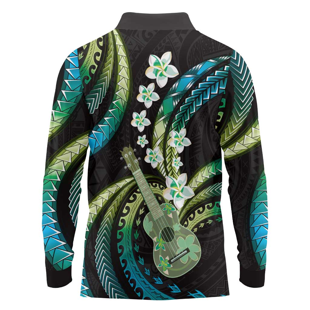 Hawaiian Ukulele Long Sleeve Polo Shirt Chartreuse Cyan Fantastic Plumeria