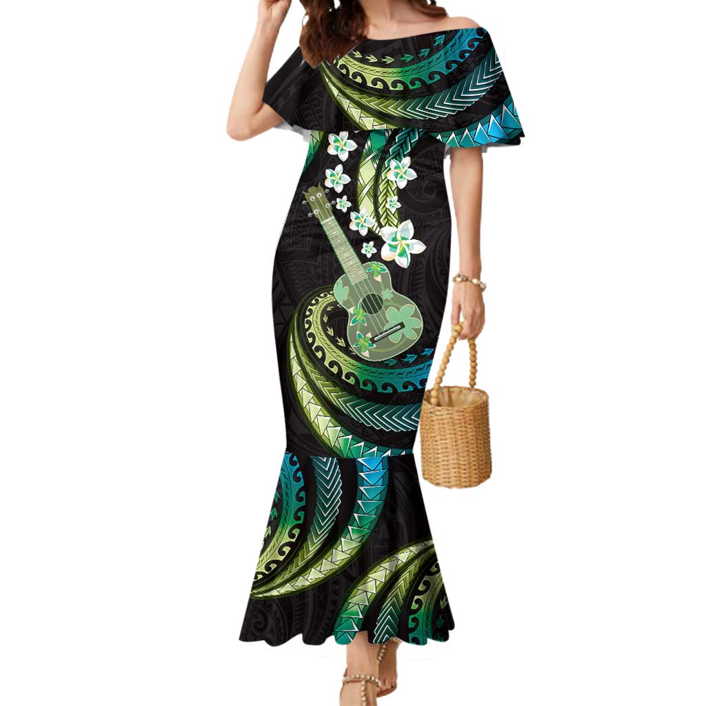 Hawaiian Ukulele Mermaid Dress Chartreuse Cyan Fantastic Plumeria