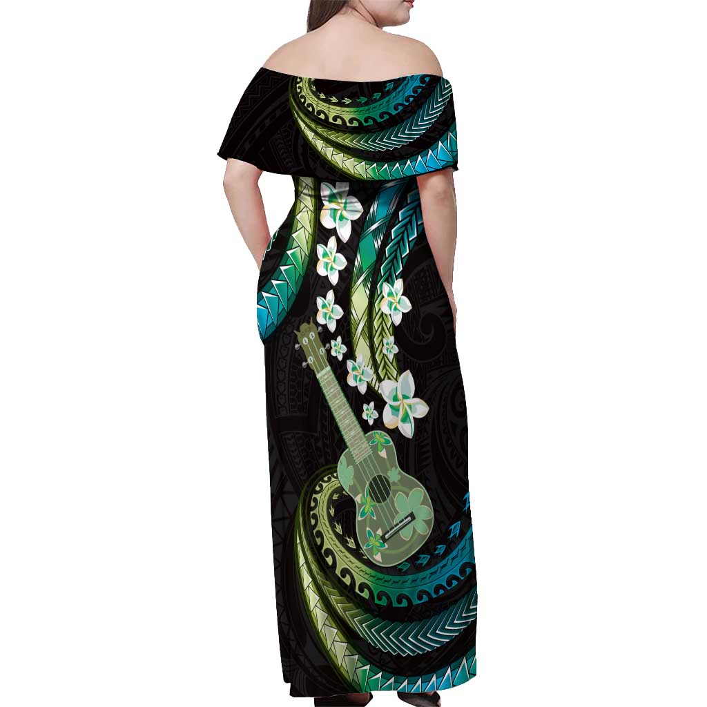 Hawaiian Ukulele Off Shoulder Maxi Dress Chartreuse Cyan Fantastic Plumeria