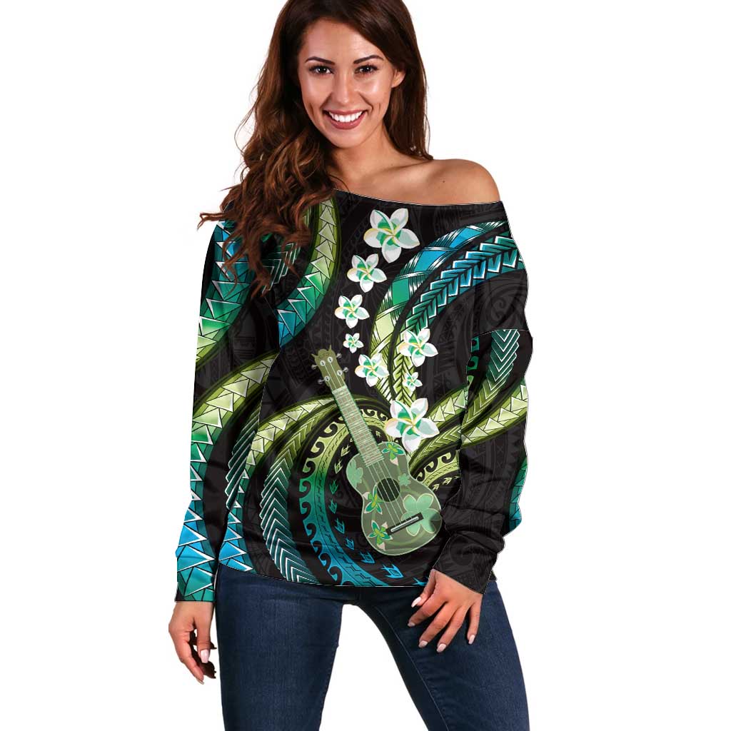 Hawaiian Ukulele Off Shoulder Sweater Chartreuse Cyan Fantastic Plumeria