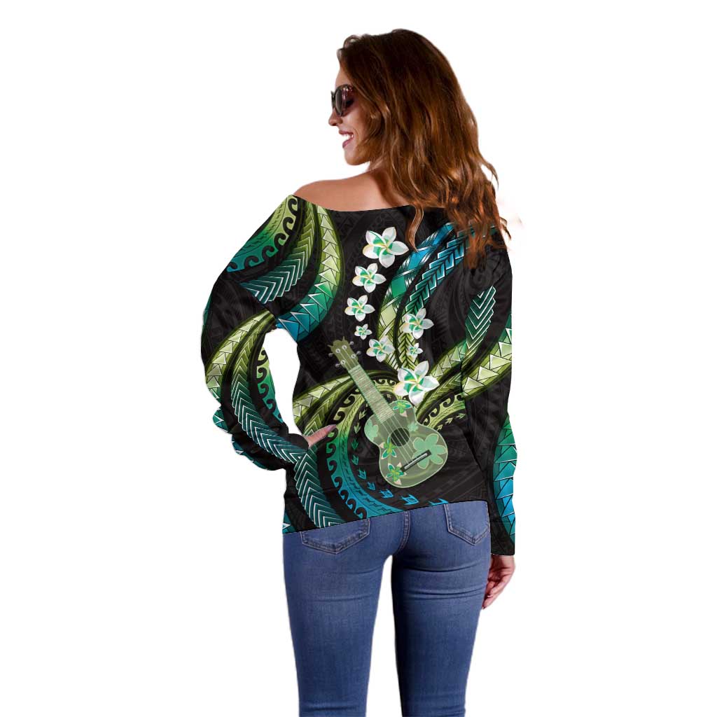 Hawaiian Ukulele Off Shoulder Sweater Chartreuse Cyan Fantastic Plumeria