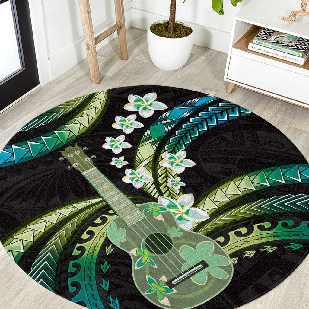 Hawaiian Ukulele Round Carpet Chartreuse Cyan Fantastic Plumeria LT01 Cyan - Polynesian Pride