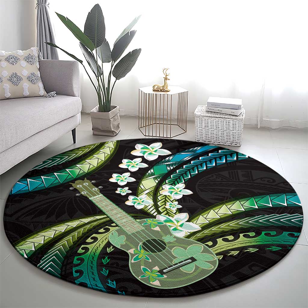 Hawaiian Ukulele Round Carpet Chartreuse Cyan Fantastic Plumeria LT01 - Polynesian Pride