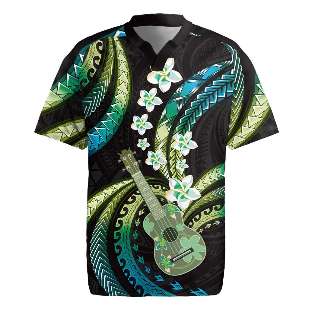 Hawaiian Ukulele Rugby Jersey Chartreuse Cyan Fantastic Plumeria LT01 Cyan - Polynesian Pride