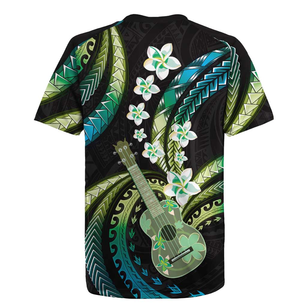 Hawaiian Ukulele Rugby Jersey Chartreuse Cyan Fantastic Plumeria LT01 - Polynesian Pride